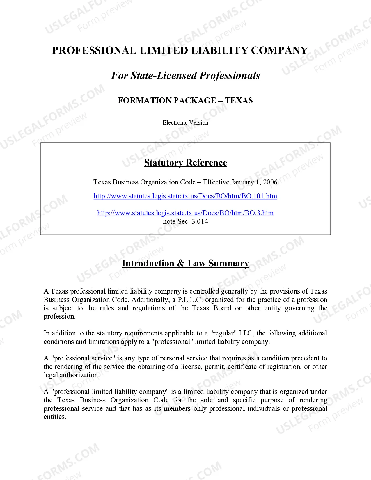 Preview Texas Professional Limited Liability Company PLLC Formation Package