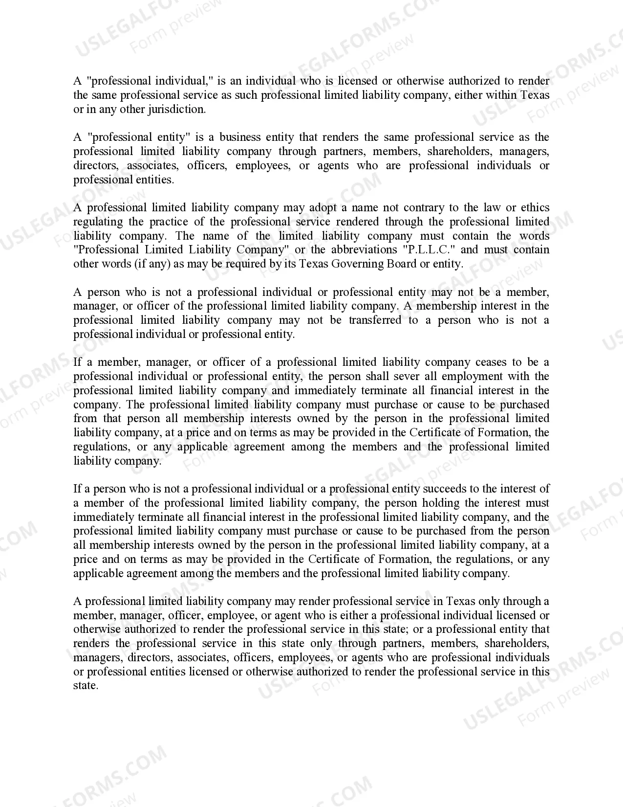 Preview Texas Professional Limited Liability Company PLLC Formation Package