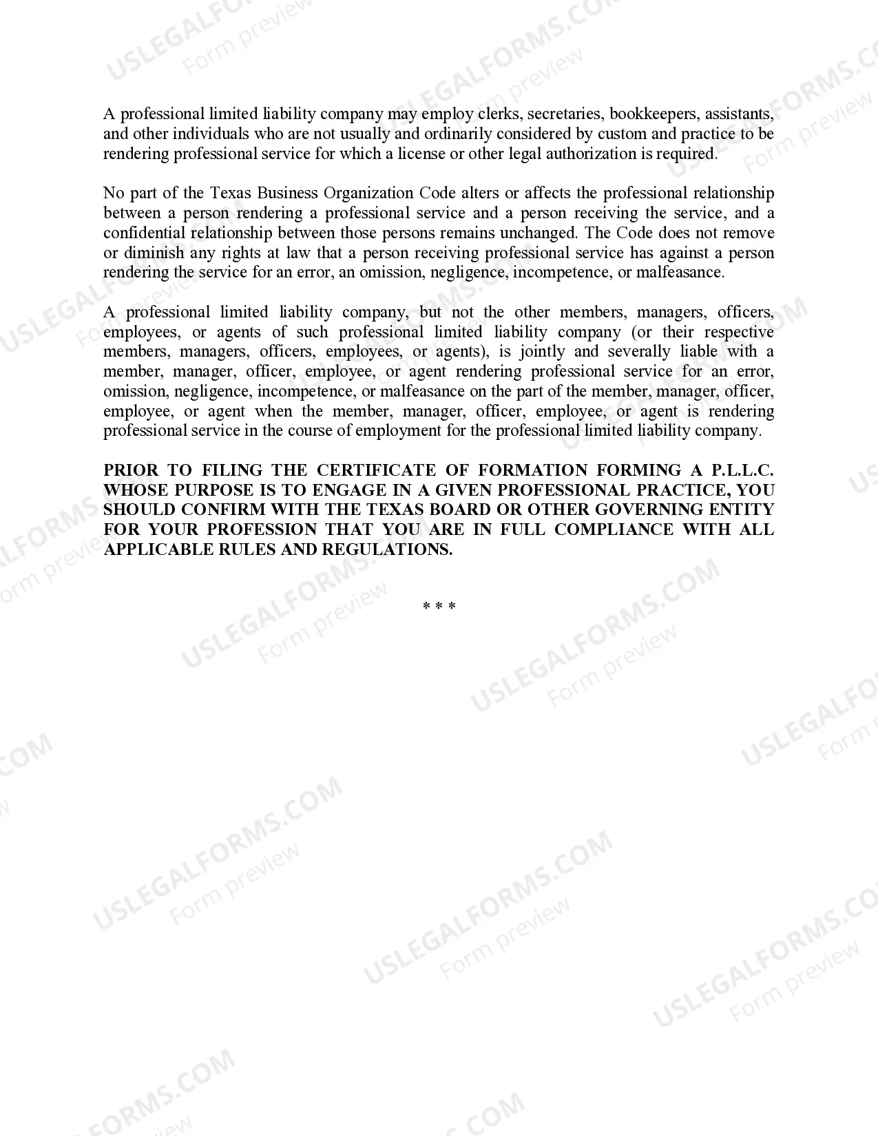 Preview Texas Professional Limited Liability Company PLLC Formation Package