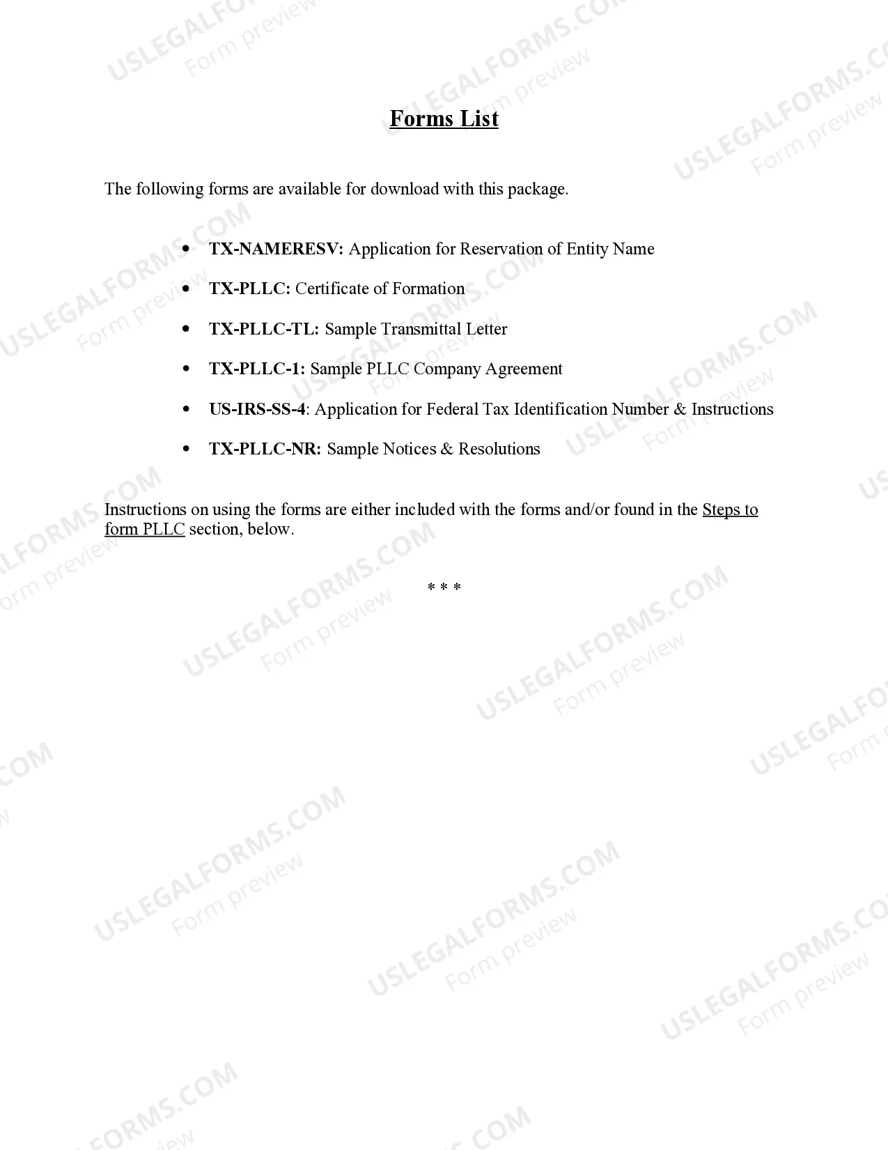 Preview Texas Professional Limited Liability Company PLLC Formation Package