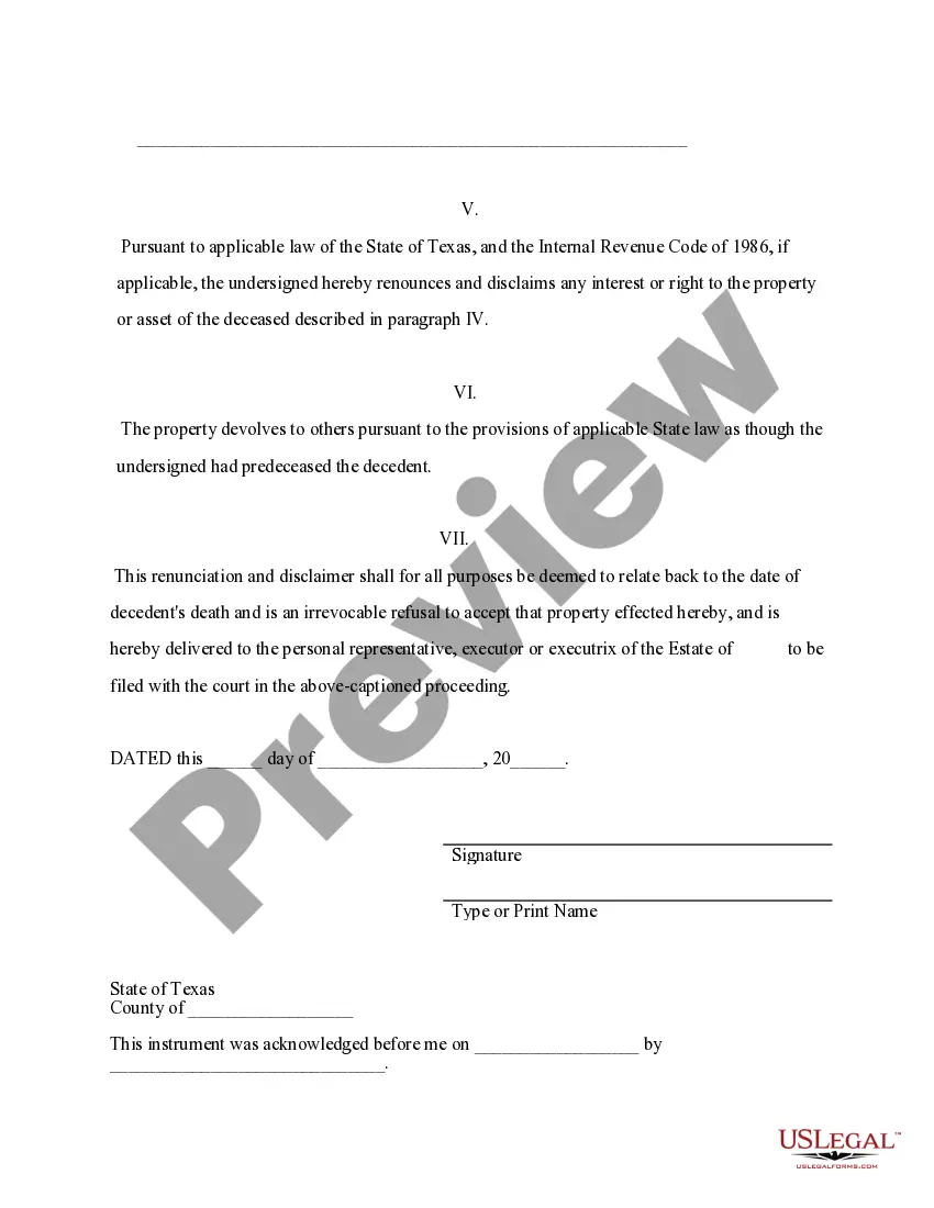Preview Renunciation And Disclaimer of Property from Will by Testate