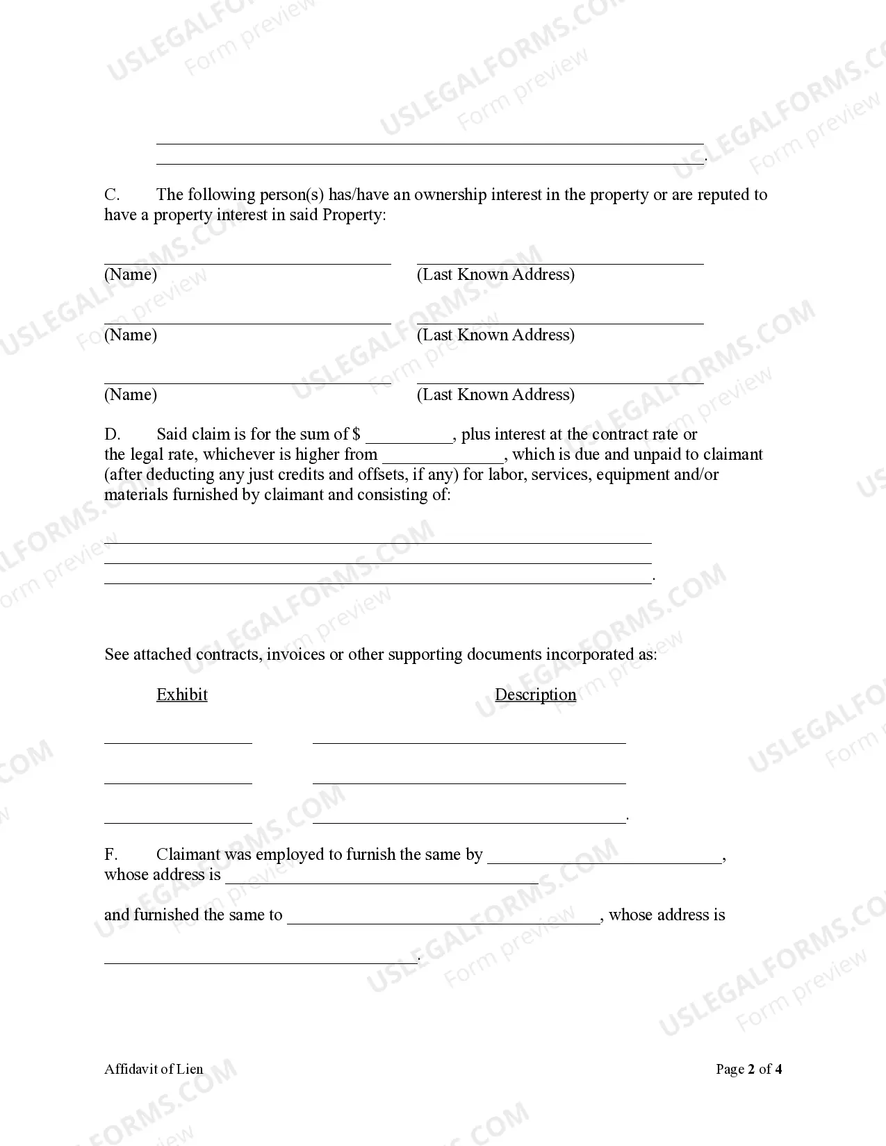 Preview Affidavit of Claim of Lien by Contractor - Mechanics Liens - Individual