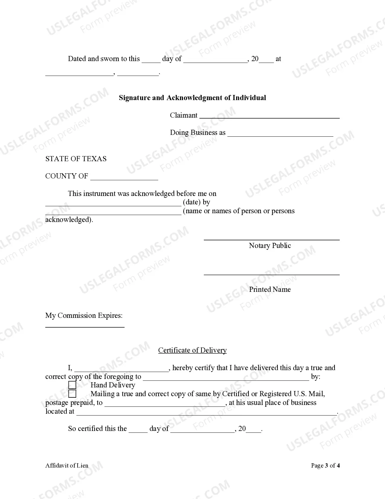 Preview Affidavit of Claim of Lien by Contractor - Mechanics Liens - Individual