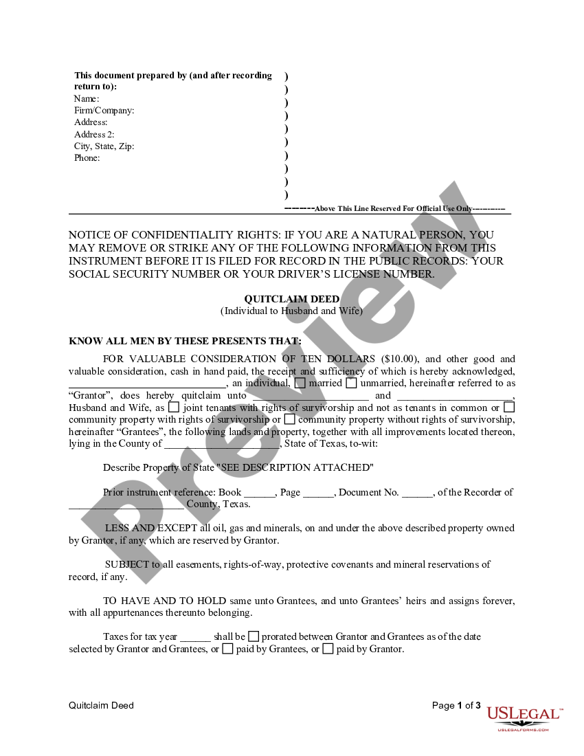 Texas Quitclaim Deed from Individual to Husband and Wife | US Legal Forms