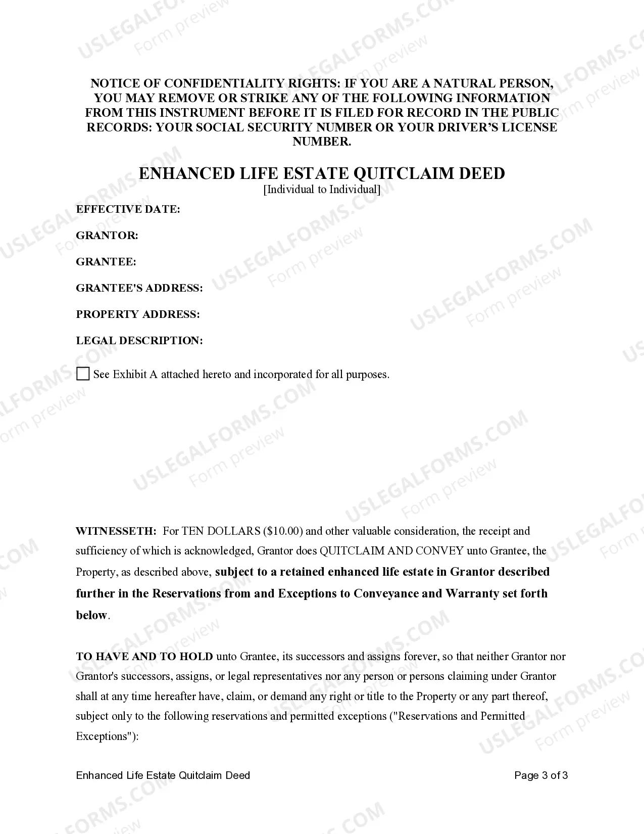 Preview Enhanced Life Estate or Lady Bird Quitclaim Deed - Individual to Individual