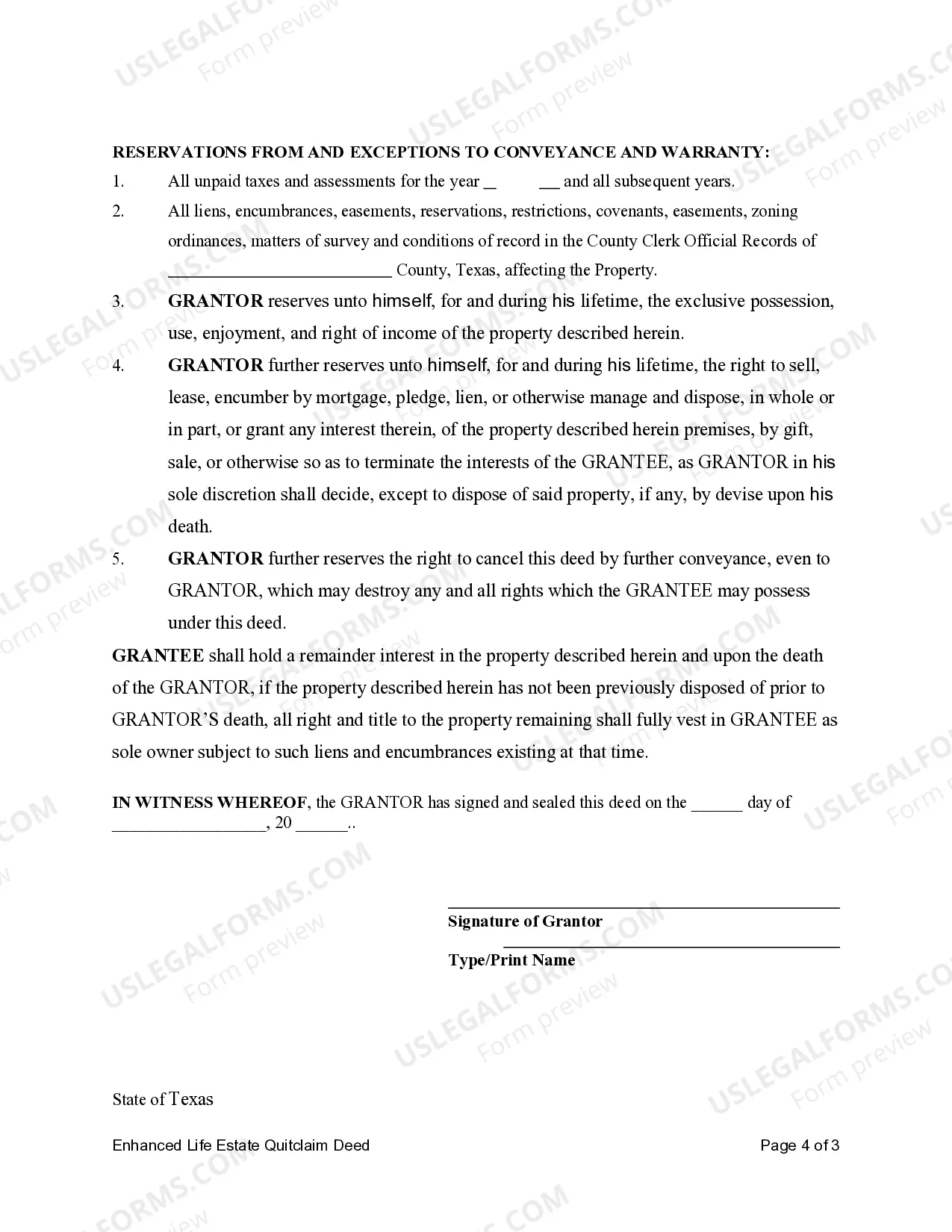 Preview Enhanced Life Estate or Lady Bird Quitclaim Deed - Individual to Individual