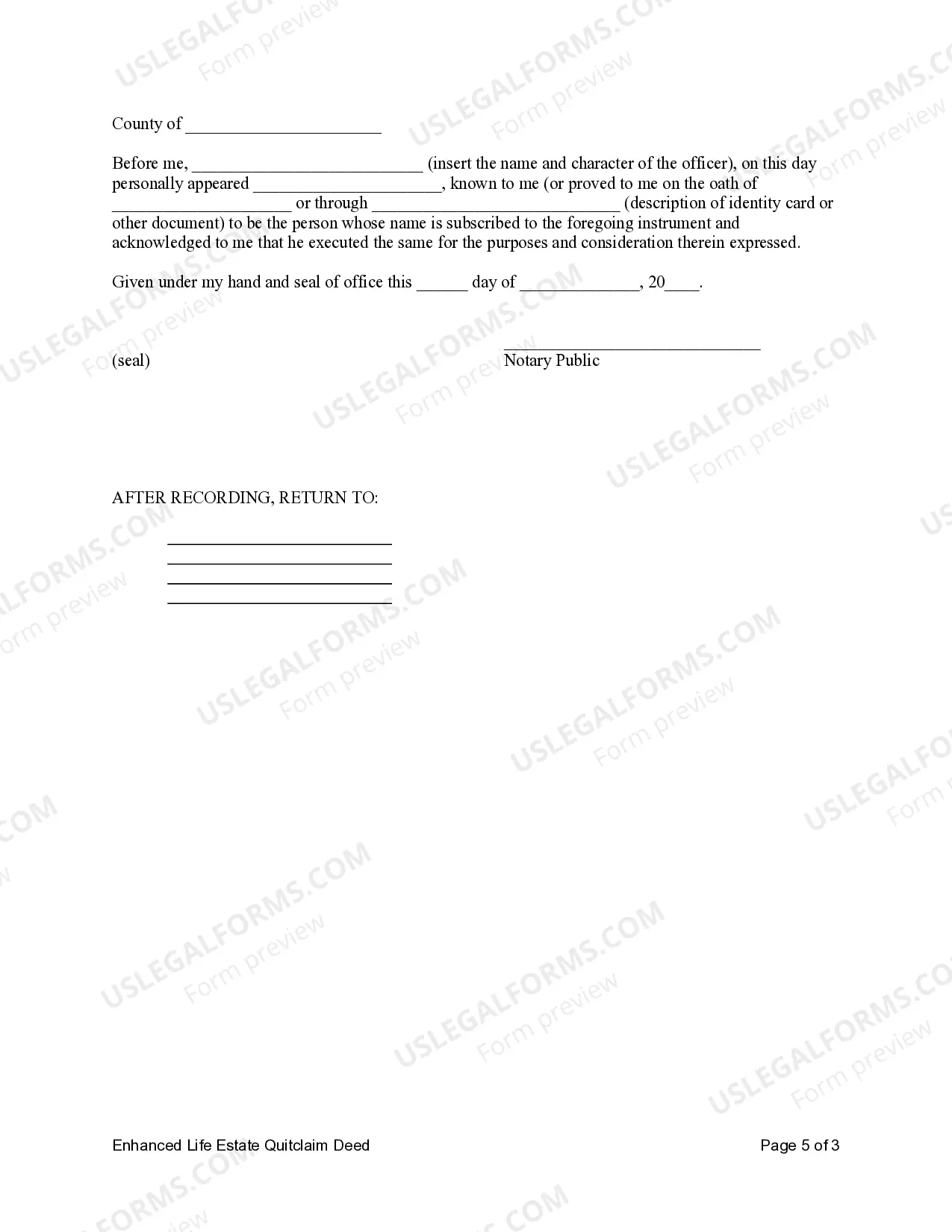 Preview Enhanced Life Estate or Lady Bird Quitclaim Deed - Individual to Individual