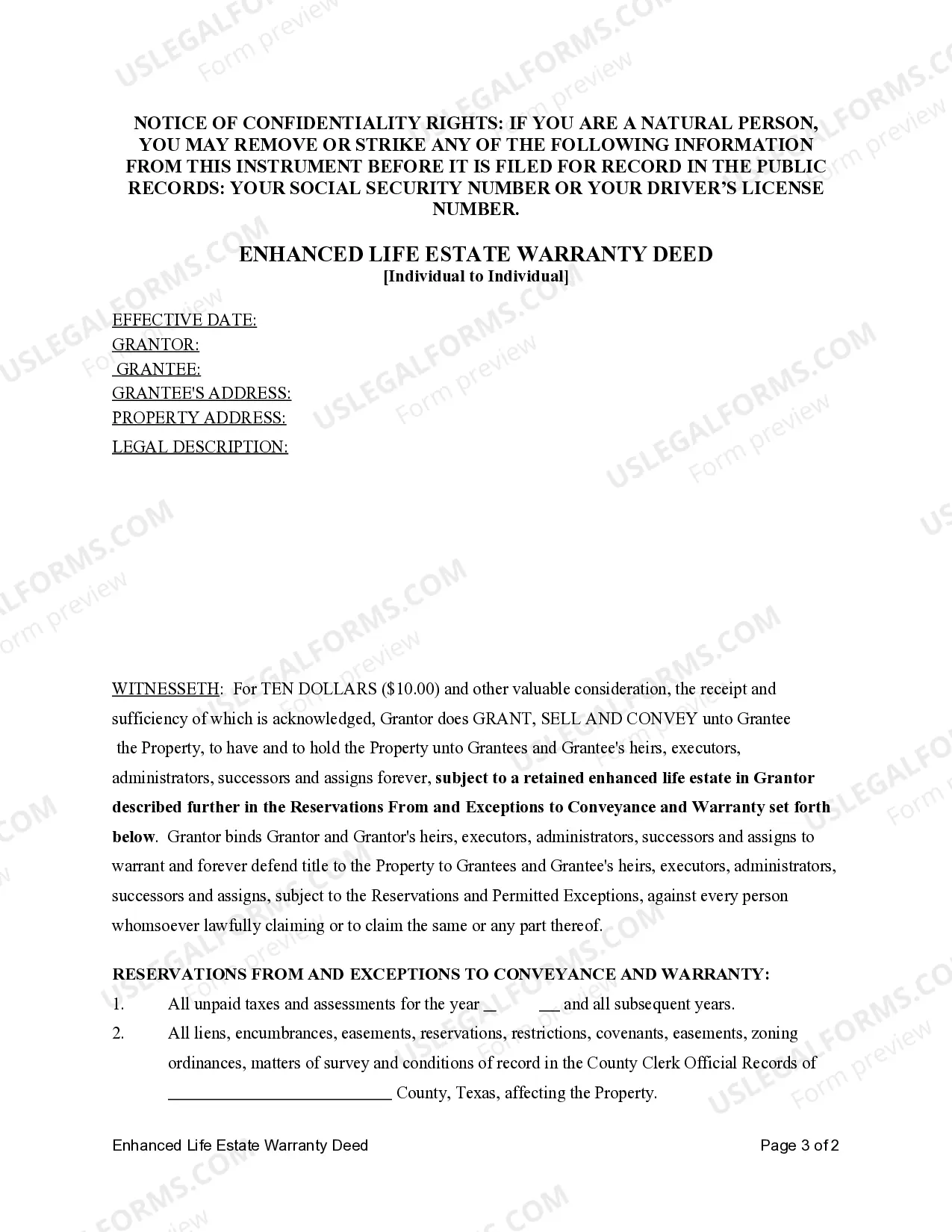 Preview Lady Bird or Enhanced Life Estate Warranty Deed - Individual to Individual