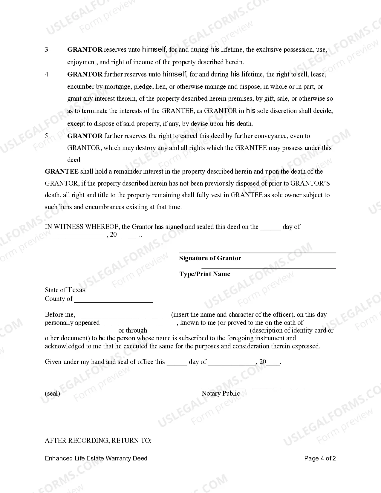 Preview Lady Bird or Enhanced Life Estate Warranty Deed - Individual to Individual