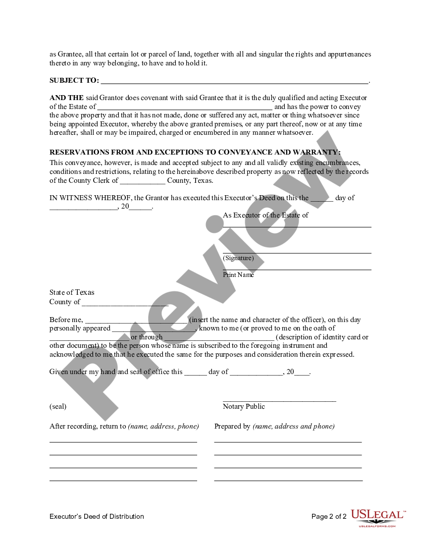 Texas Executor's Deed of Distribution - Executor Executor Form | US ...