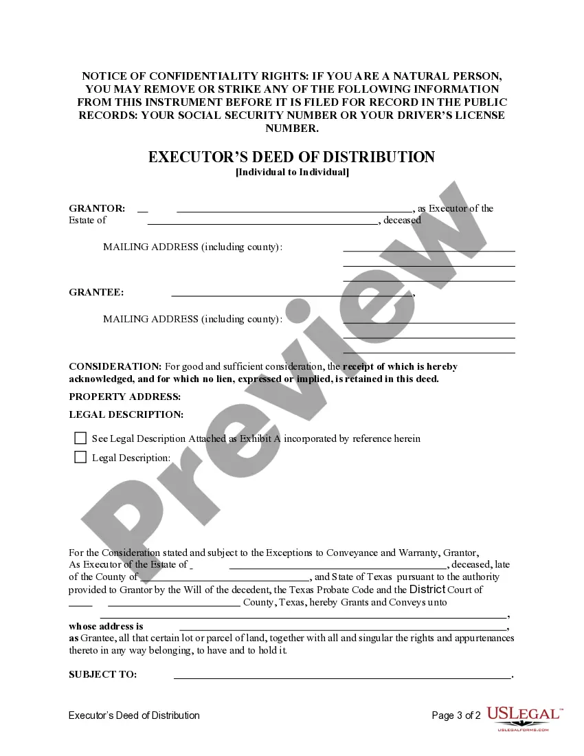 Preview Executor's Deed of Distribution - Individual Executor to Individual Beneficiary