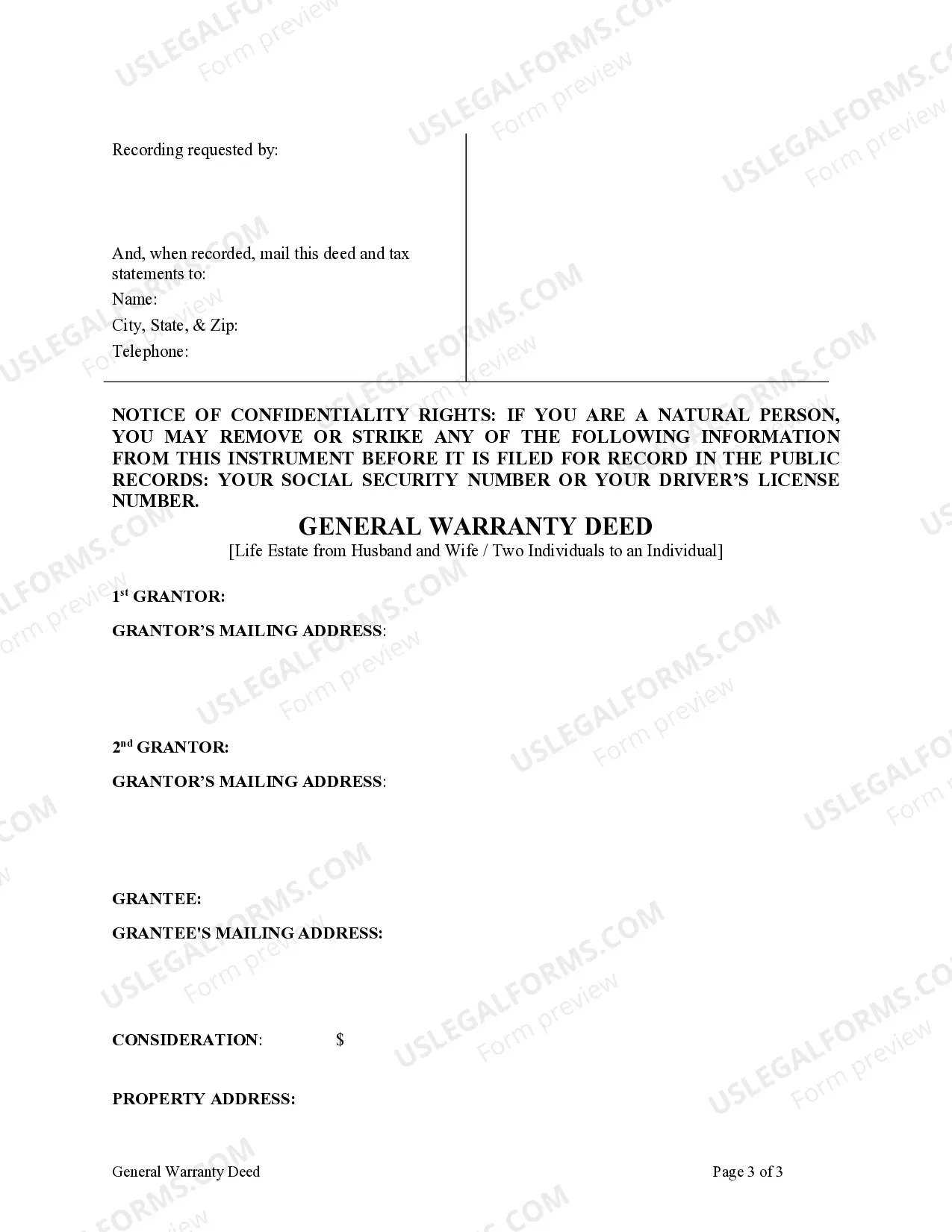 Preview Warranty Deed Conveying Life Estate Deed from Husband and Wife, or Two Individuals, to a Grantee.
