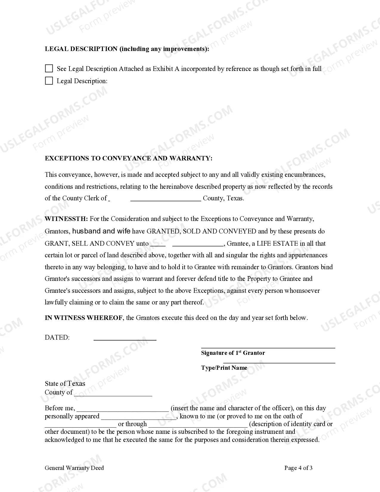 Preview Warranty Deed Conveying Life Estate Deed from Husband and Wife, or Two Individuals, to a Grantee.
