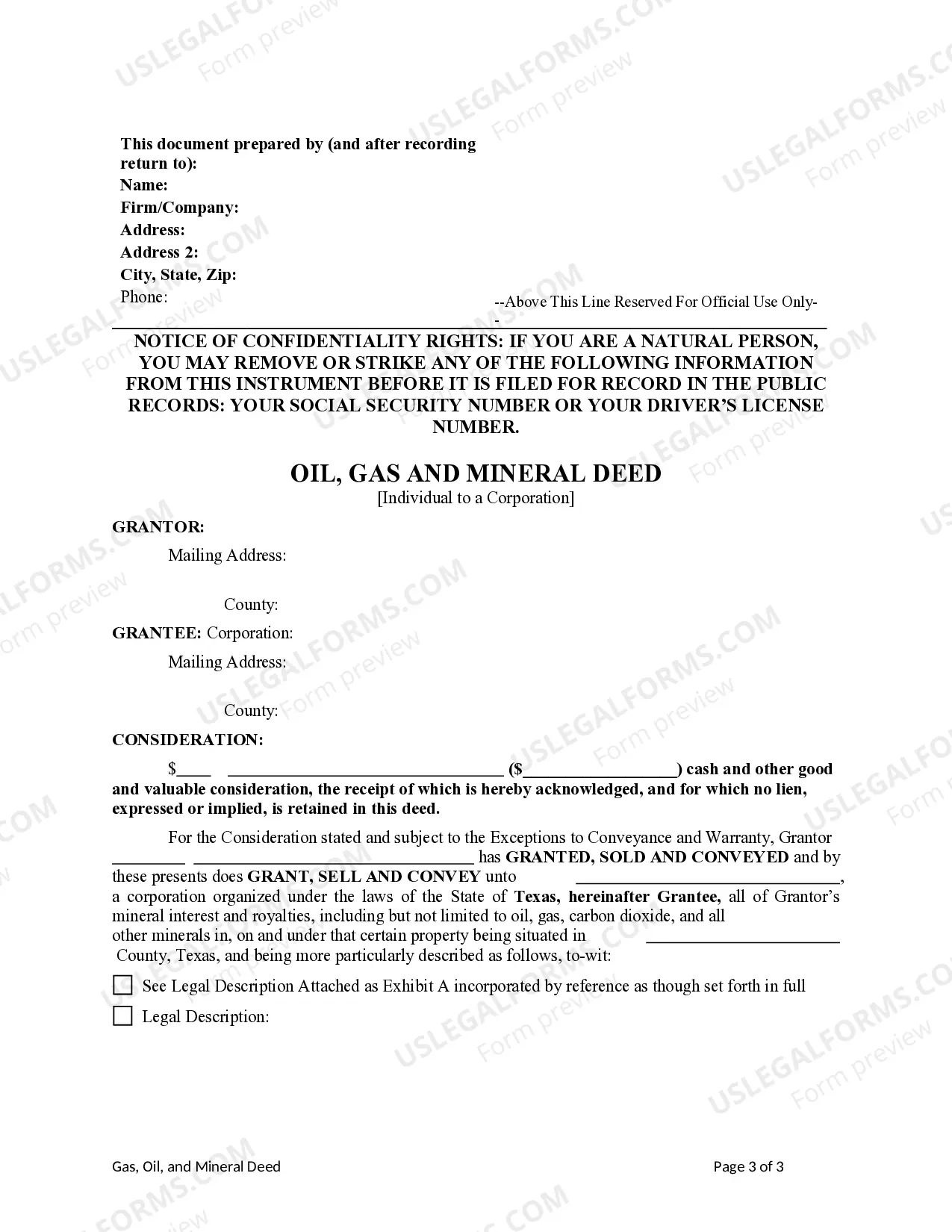 Preview Oil, Gas and Mineral Deed from an Individual to a Corporation