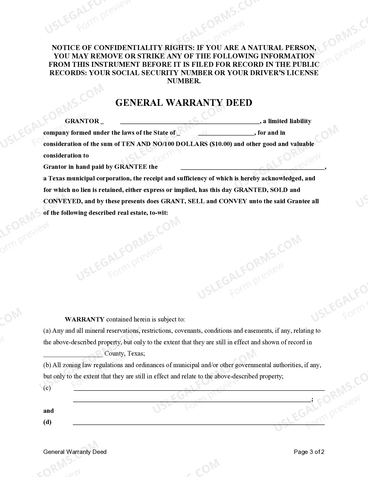 Preview General Warranty Deed from a Limited Liability Company to a Municipal Corporation