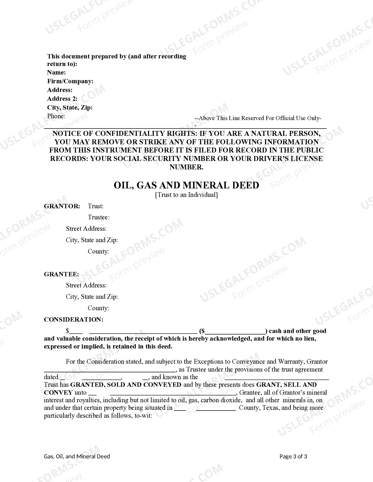 Preview Oil, Gas, and Mineral deed from Trust to an Individual - Sale of Interest - Single Trustee