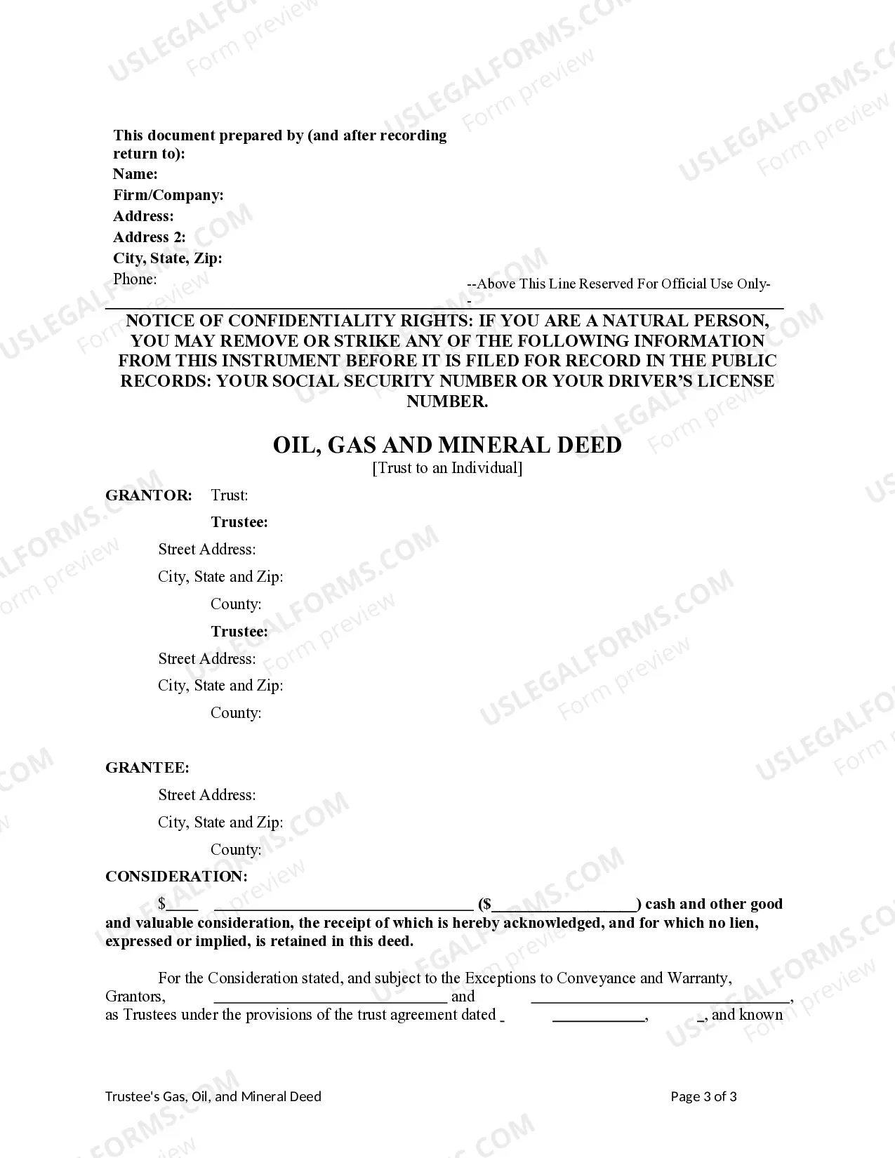 Preview Oil, Gas, and Mineral deed from Trust to an Individual - Sale of Interest - Two Trustee