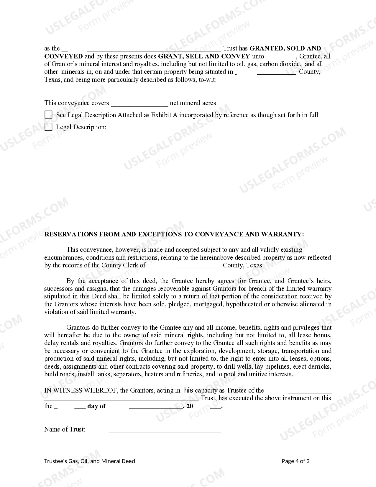 Preview Oil, Gas, and Mineral deed from Trust to an Individual - Sale of Interest - Two Trustee