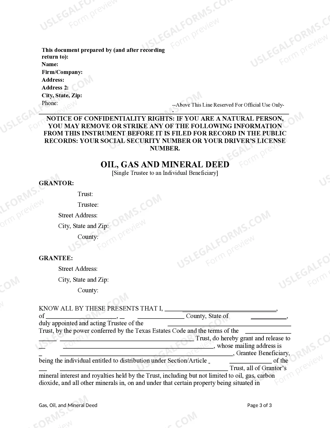 Preview Oil, Gas, and Mineral deed from Trust to an Individual Beneficiary- Single Trustee