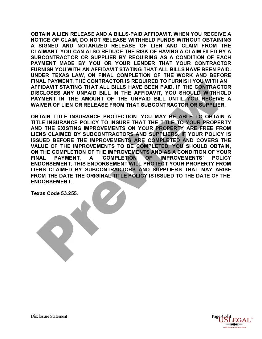 Preview Disclosure Statement Required for Residential Construction Contract - Mechanics Liens