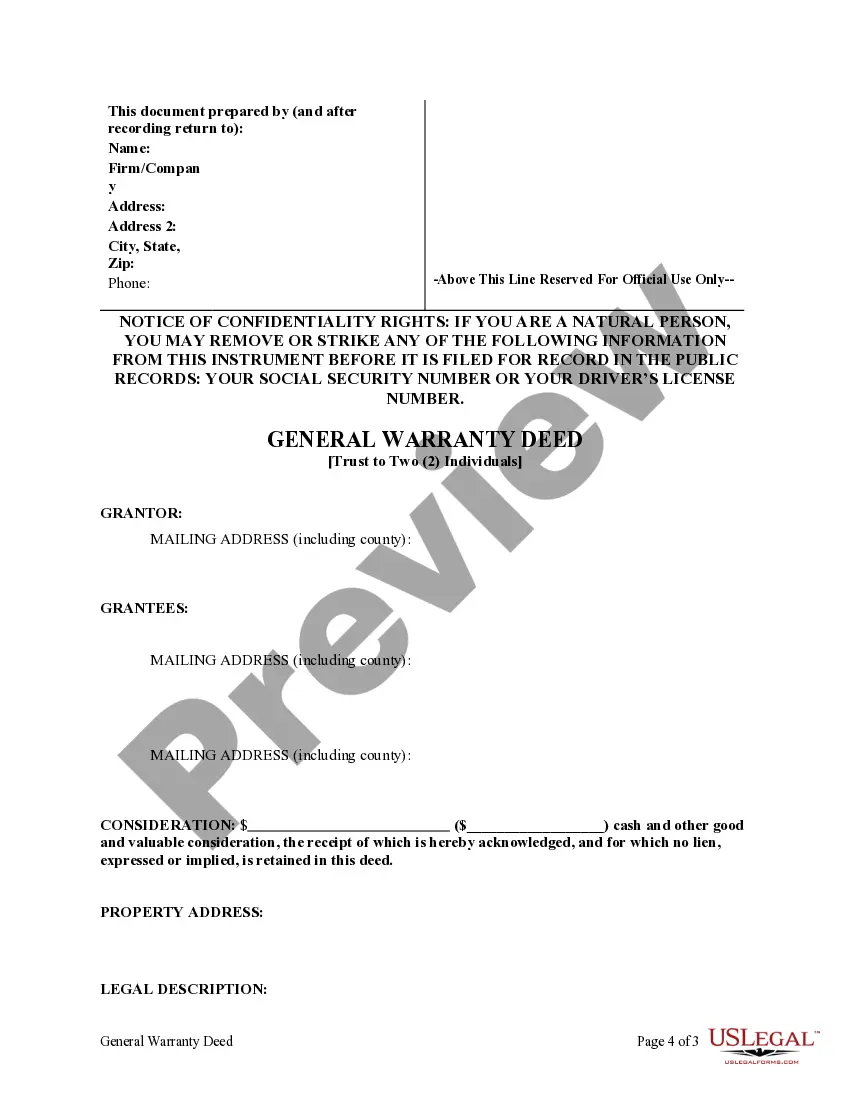 Preview General Warranty Deed from Trust to Two Individuals