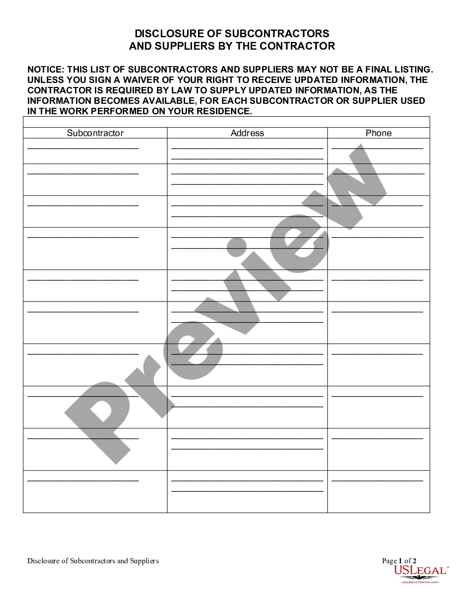 List Of Subcontractors Template US Legal Forms