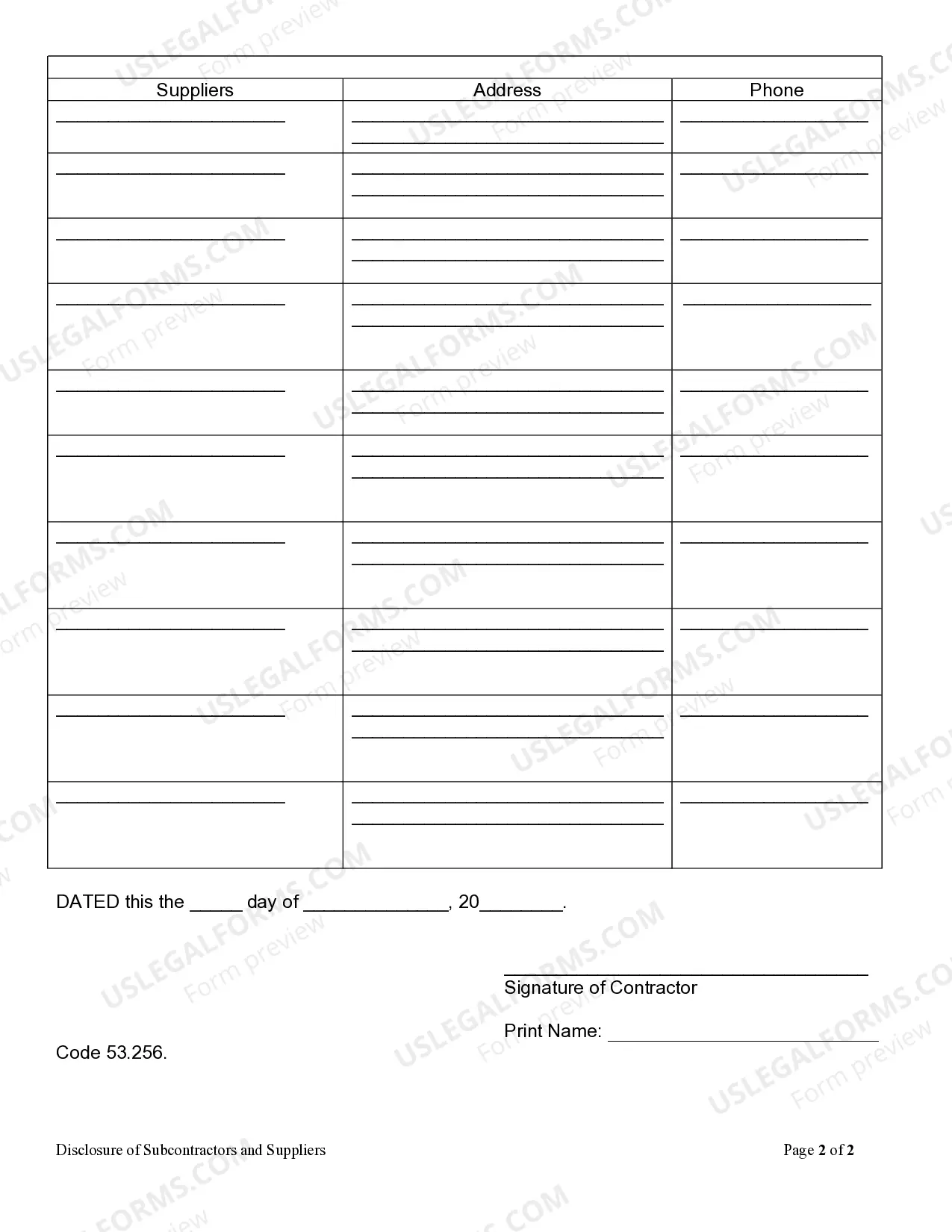 Preview Disclosure of List of Subcontractors and Suppliers by Contractor - Mechanics Liens