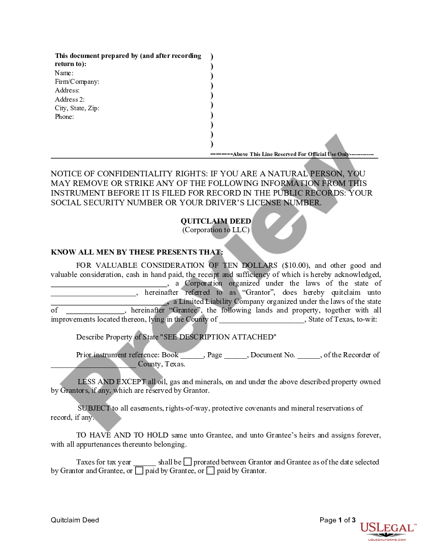 Texas Quitclaim Deed from Corporation to LLC - Corporation Llc ...