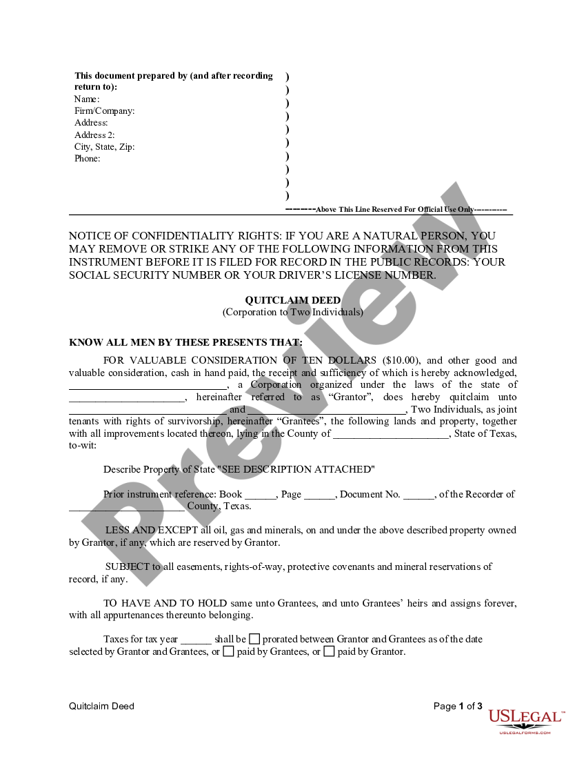 Texas Quitclaim Deed from Corporation to Two Individuals | US Legal Forms