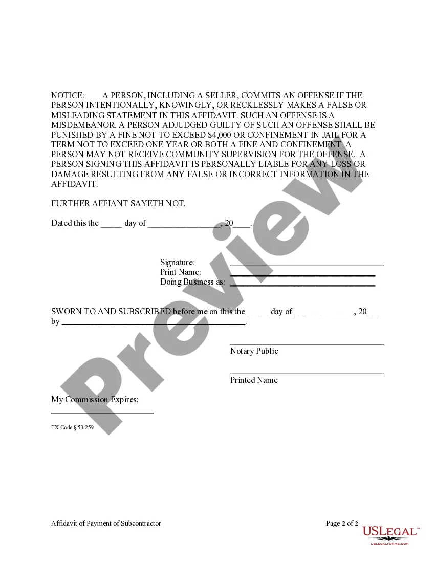Preview Affidavit of Payment of Subcontractors, etc. by Contractor on Residential Project - Mechanics Liens - Individual
