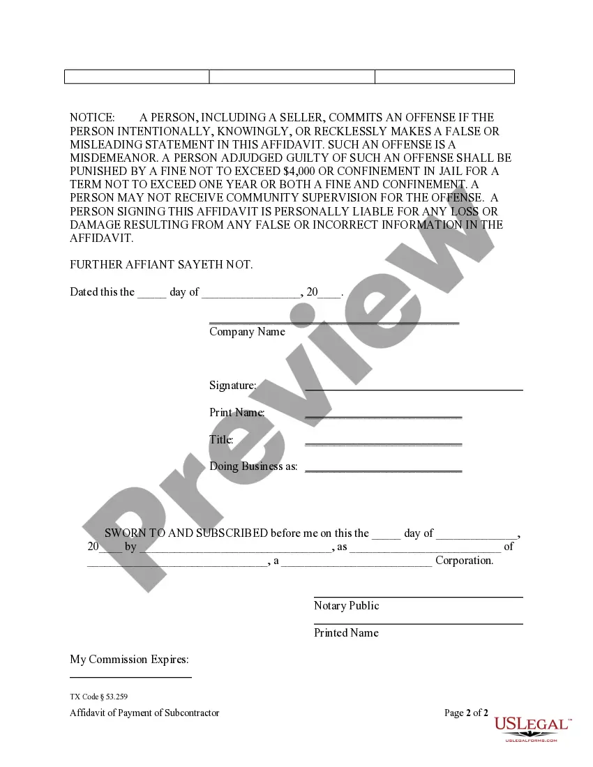Preview Affidavit of Payment of Subcontractors, etc. by Contractor on Residential Project - Mechanics Liens - Corporation