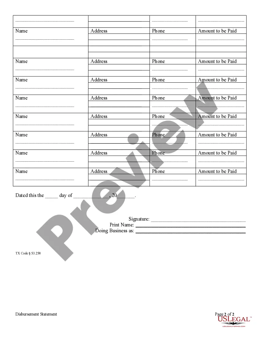 Preview Disbursement Statement Required by Contractor on Residential Construction Project - Mechanics Liens - Individual