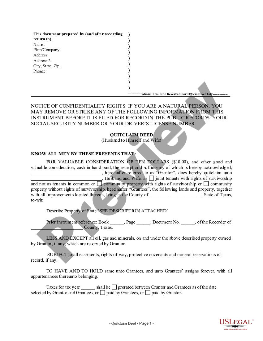 Travis Texas Quitclaim Deed From Husband To Himself And Wife Quitclaim Deed Property Us 8373