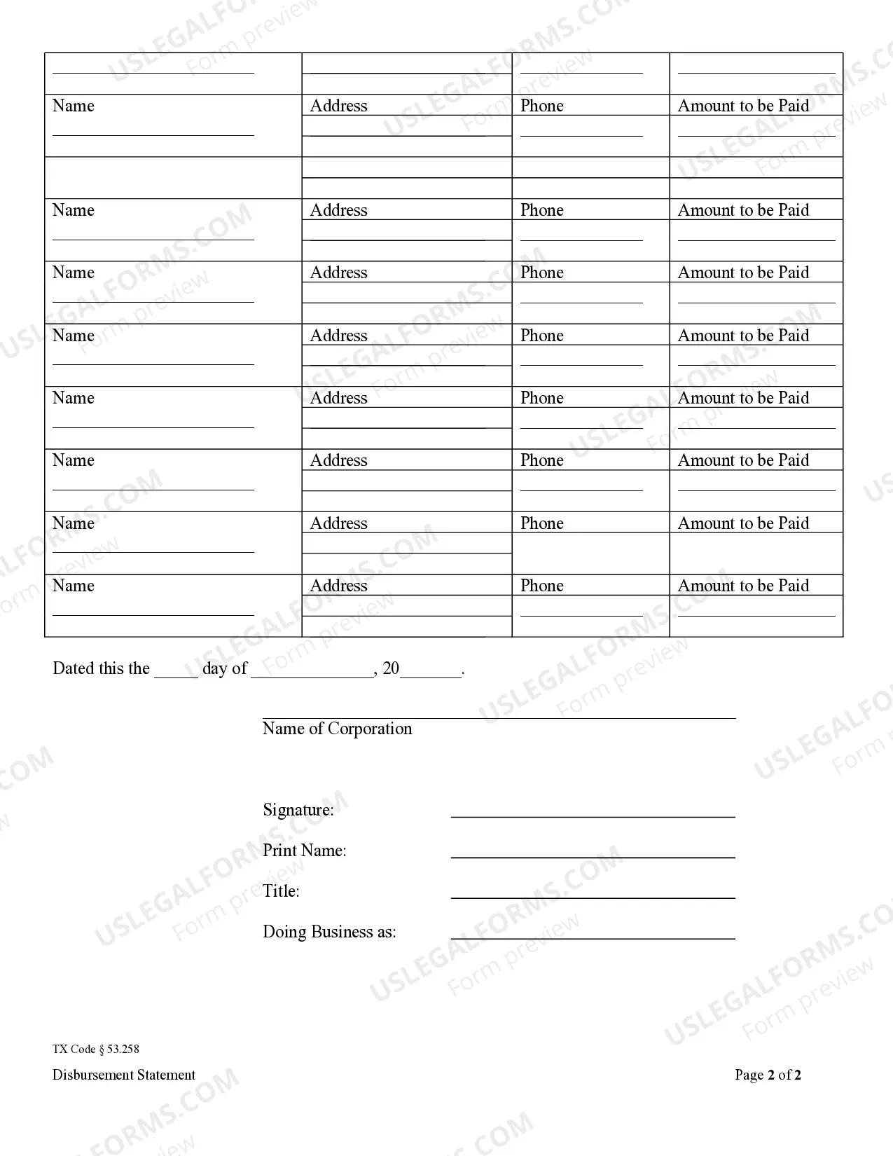 Preview Disbursement Statement Required by Contractor on Residential Construction Project - Mechanics Liens - Corporation