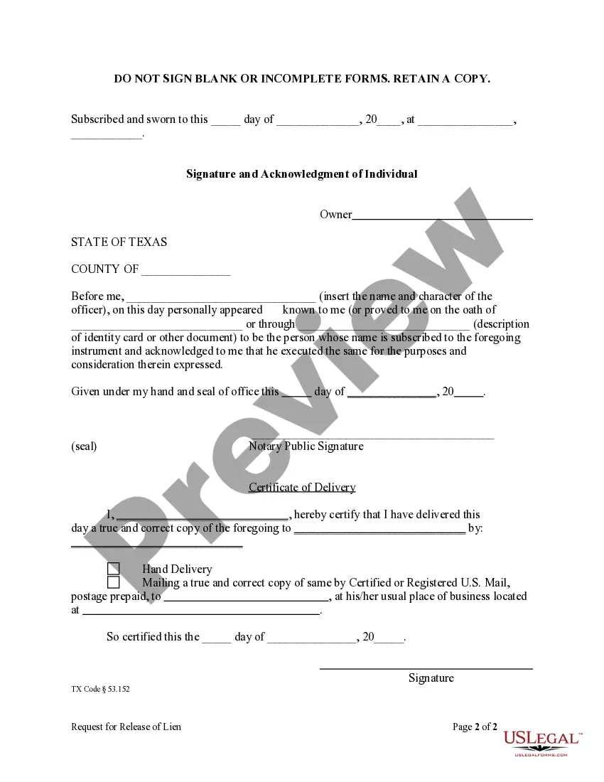 Preview Request for Release of Lien - Individual