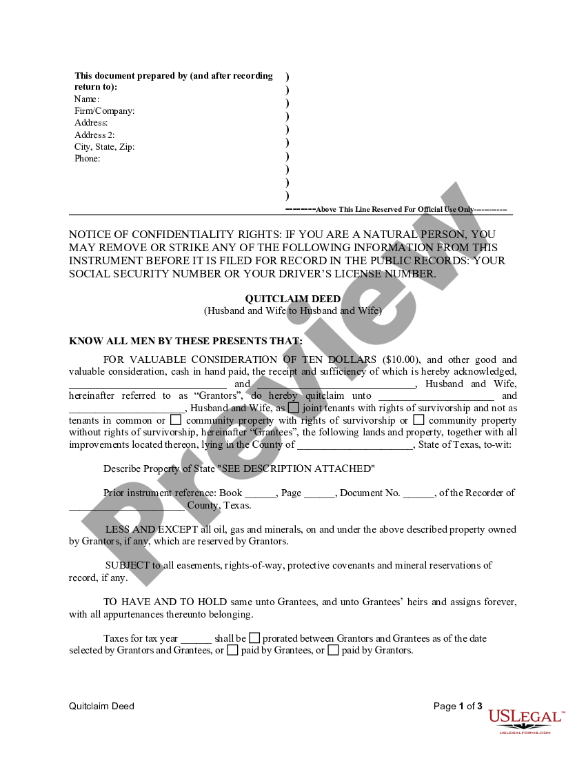 San Antonio Texas Quitclaim Deed From Husband And Wife To Husband And Wife Quitclaim Deed Real 8740