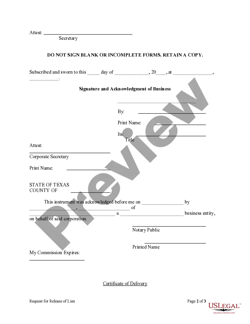 Preview Request for Release of Lien - Corporation