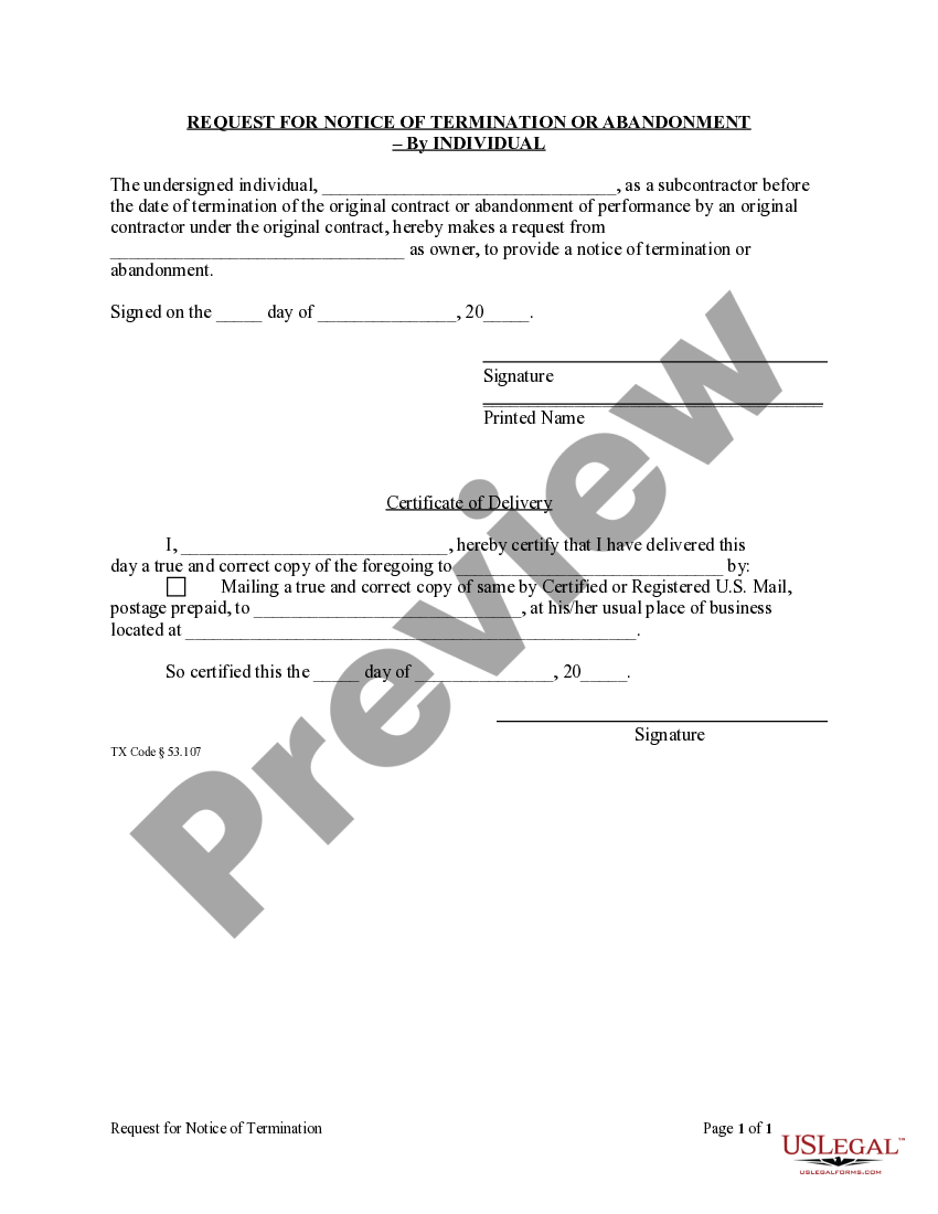 Texas Request for Notice of Termination or Abandonment Tx Abandonment