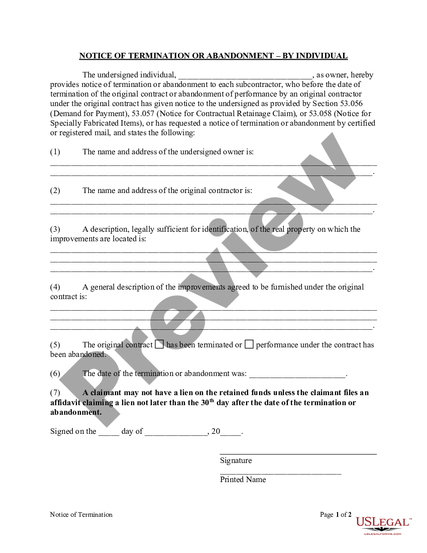 Texas Notice Of Termination Or Abandonment Individual Abandonment Us Legal Forms 4823