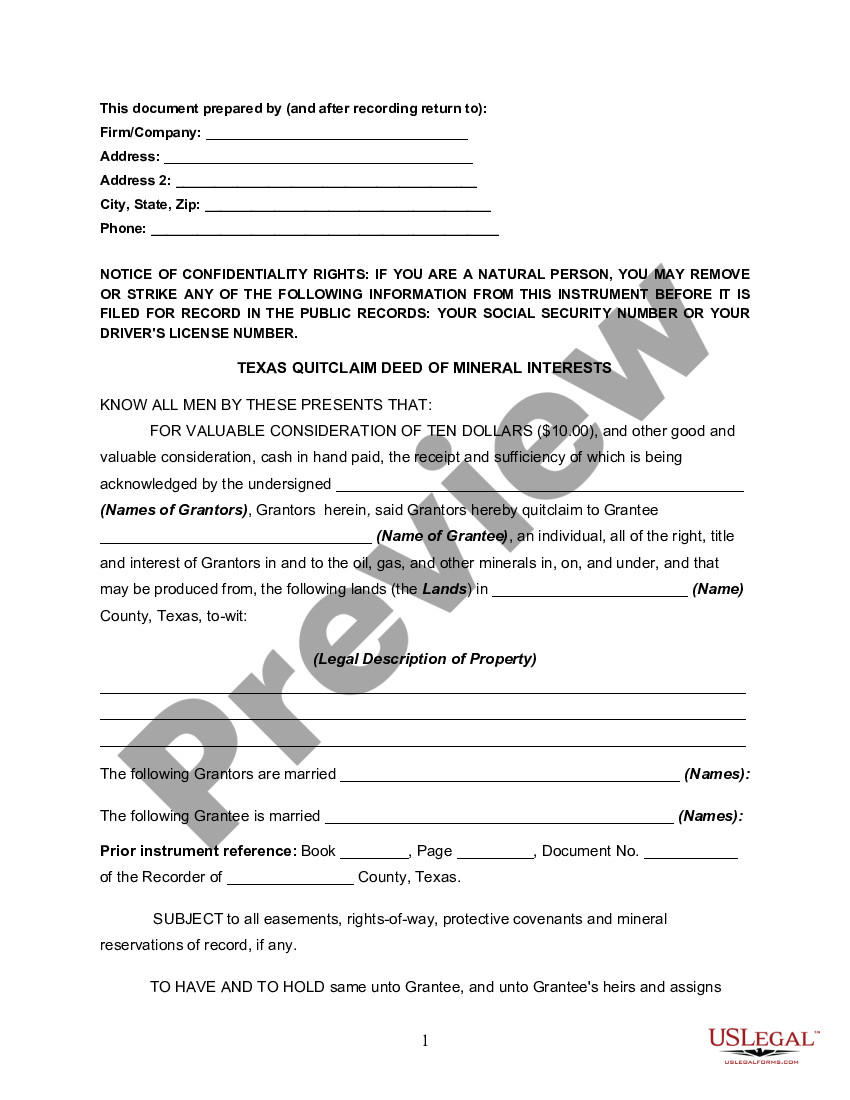 Beaumont Texas Quitclaim Deed Of Mineral Interests Us Legal Forms 6290