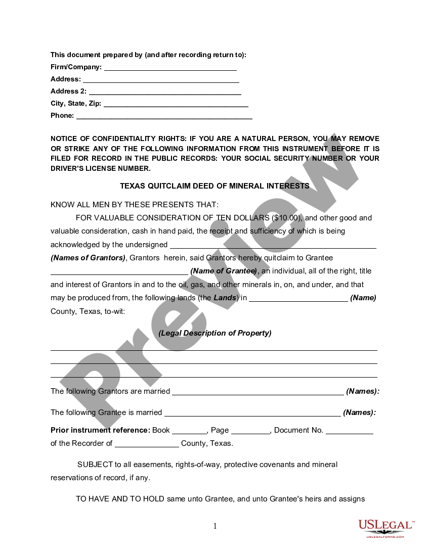 Beaumont Texas Quitclaim Deed Of Mineral Interests Us Legal Forms 5398