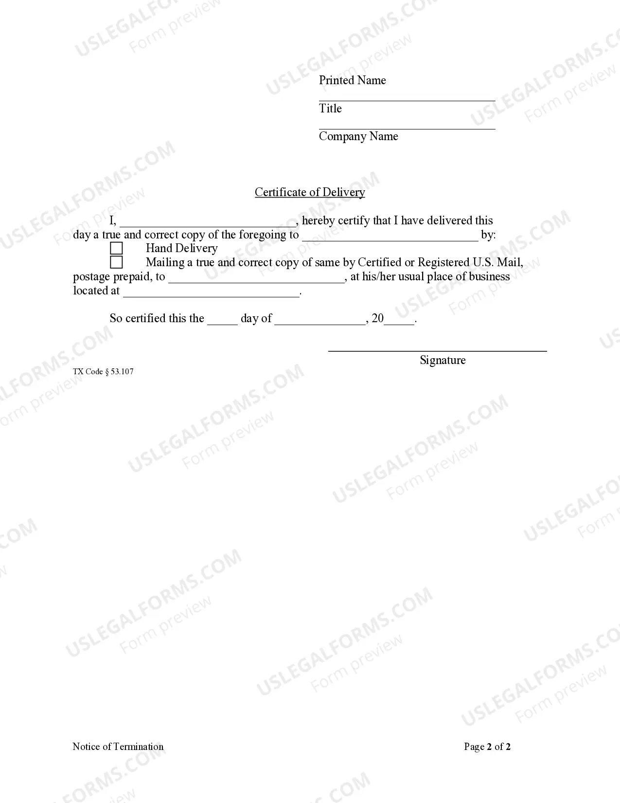 Preview Notice of Termination or Abandonment - Corporation