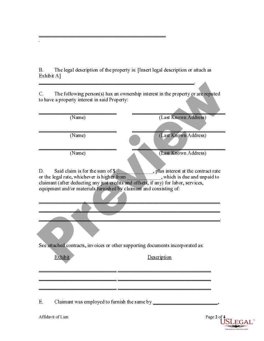 Preview Affidavit of Claim of Lien by Contractor - Mechanics Liens - Corporation