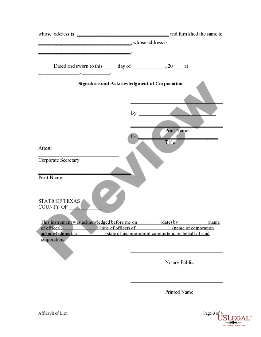 Preview Affidavit of Claim of Lien by Contractor - Mechanics Liens - Corporation