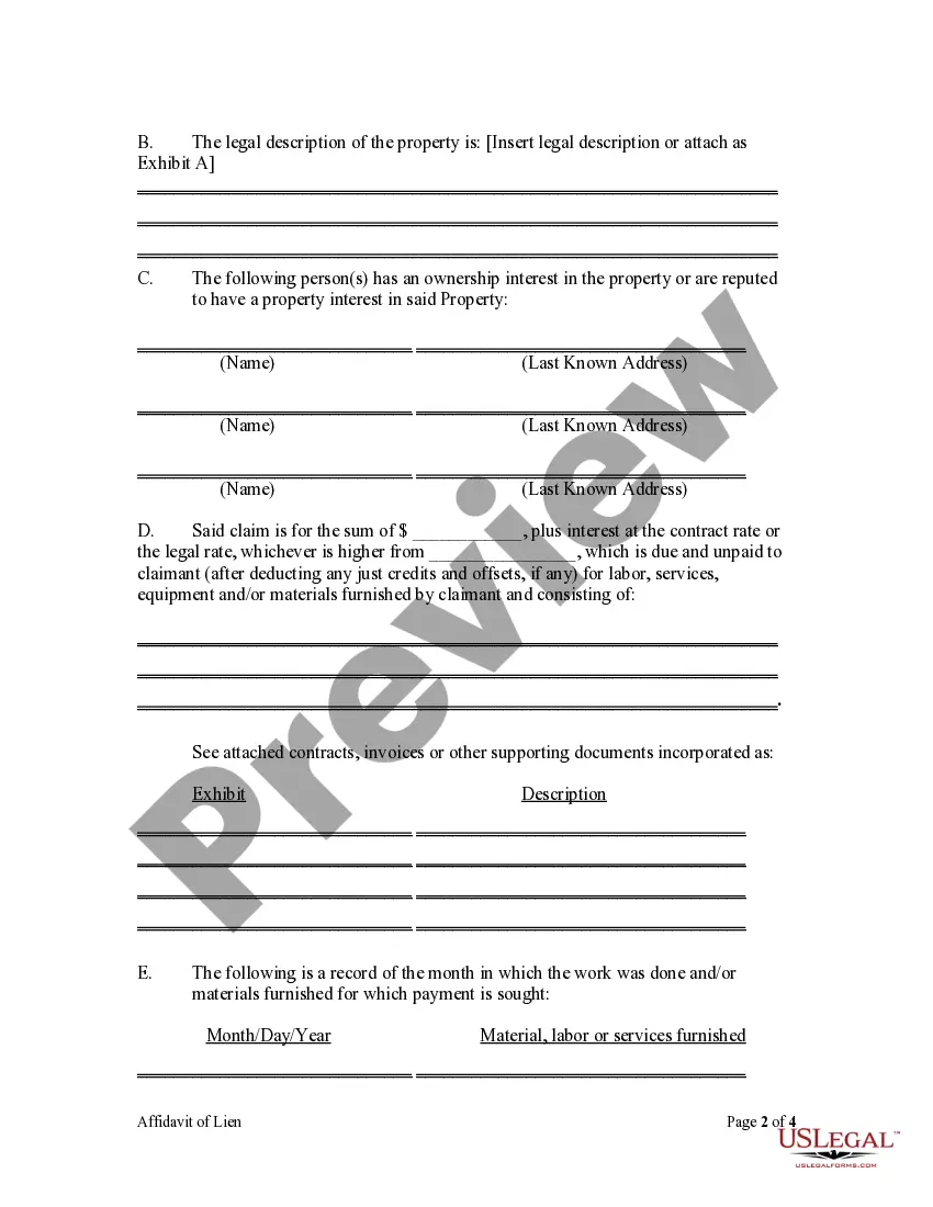 Preview Affidavit of Claim of Lien For Person Other than Original Contractor - Mechanics Liens - Individual