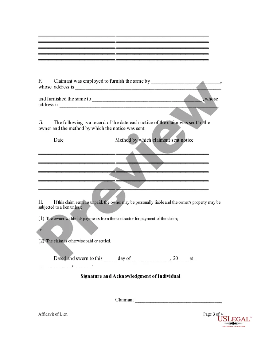 Preview Affidavit of Claim of Lien For Person Other than Original Contractor - Mechanics Liens - Individual