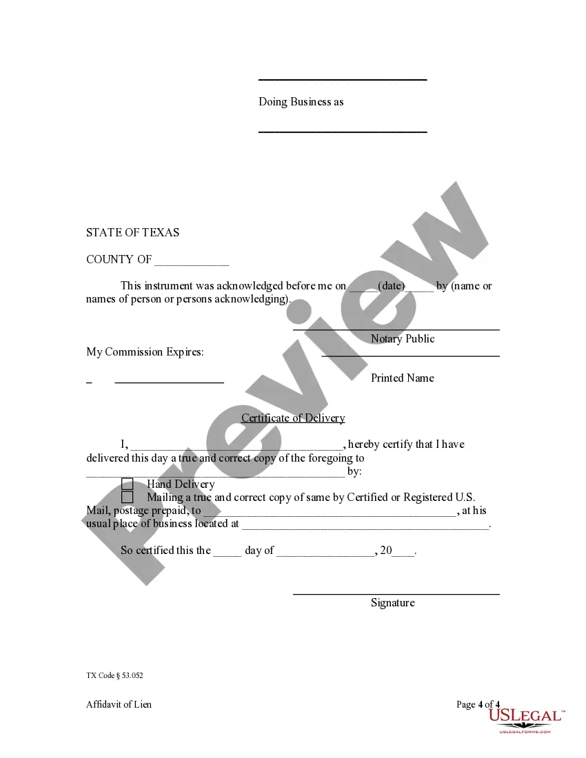 Preview Affidavit of Claim of Lien For Person Other than Original Contractor - Mechanics Liens - Individual