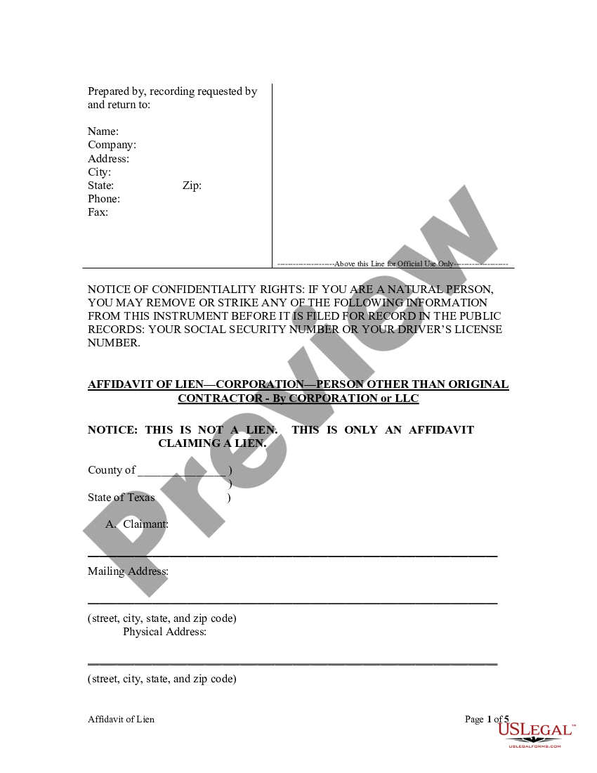 Texas Affidavit of Claim of Lien For Person Other than Original ...