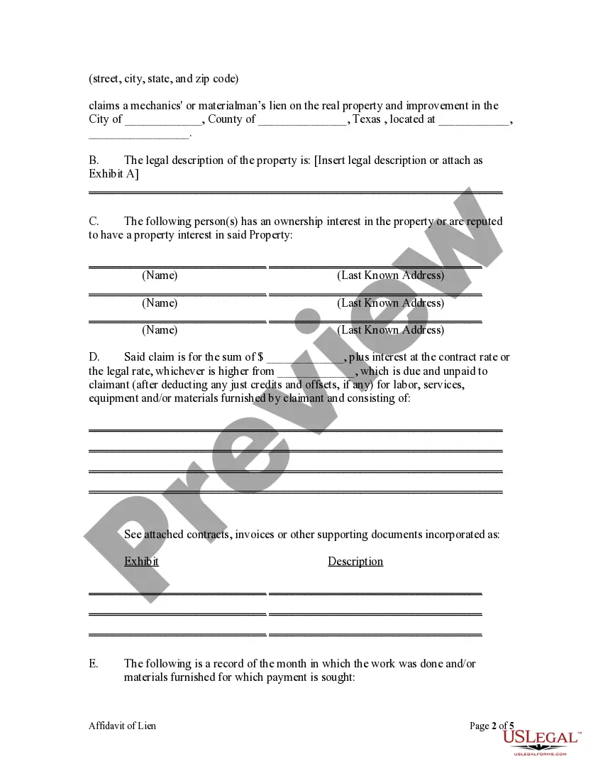 Preview Affidavit of Claim of Lien For Person Other than Original Contractor - Mechanics Liens - Corporation