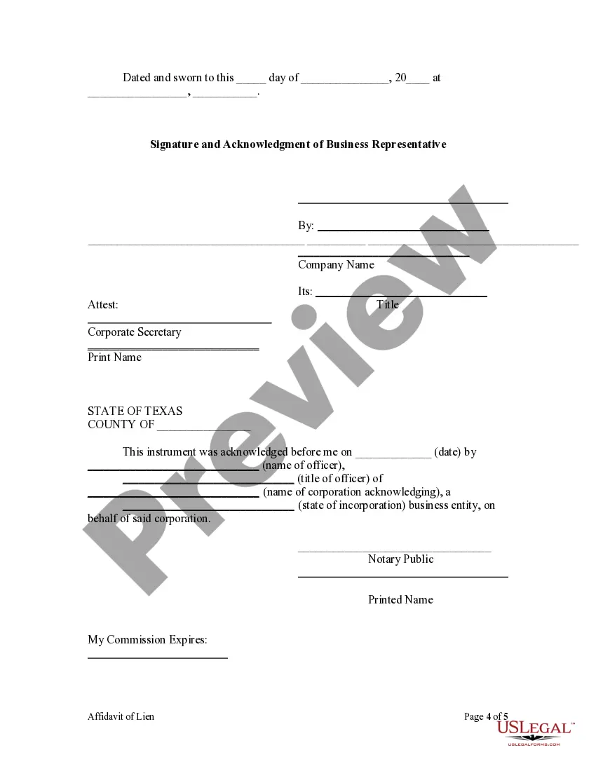 Preview Affidavit of Claim of Lien For Person Other than Original Contractor - Mechanics Liens - Corporation